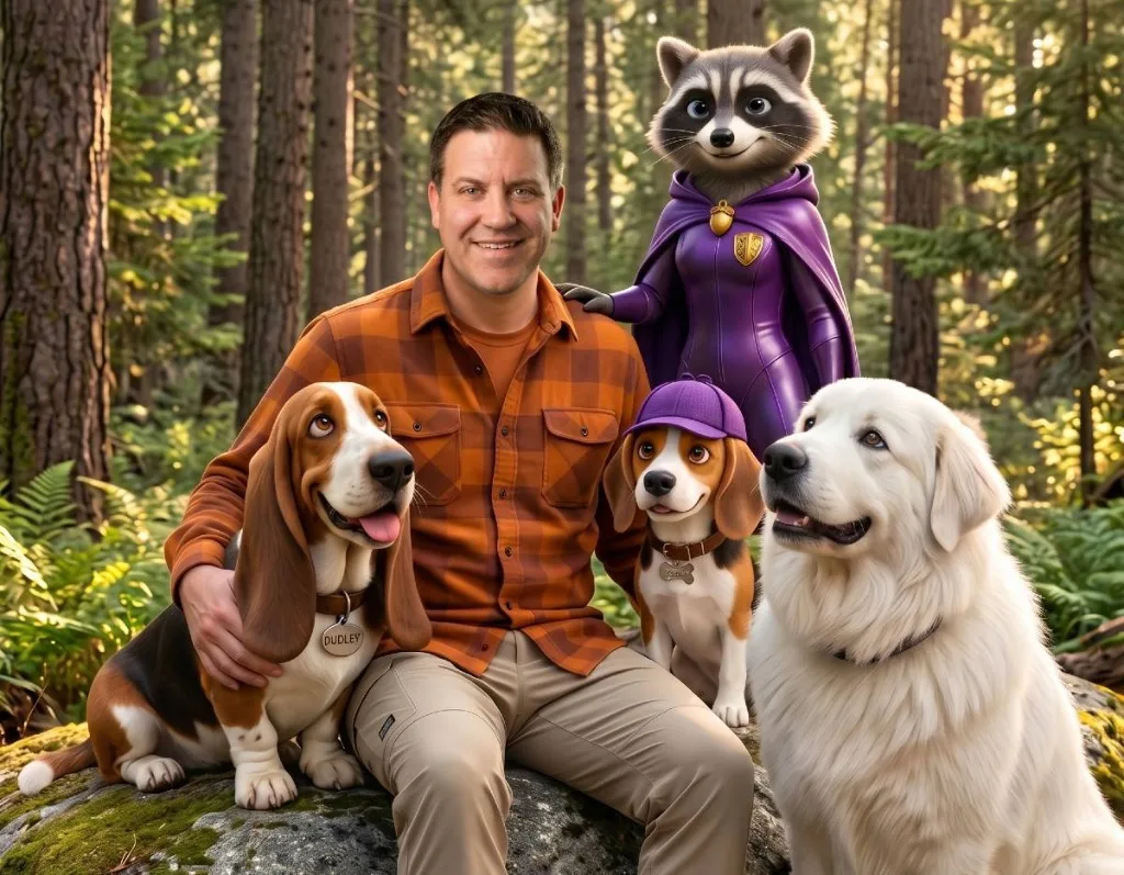 D.T. Risenburg with Dukey, Dudley, Cooper, and Brin in the forest